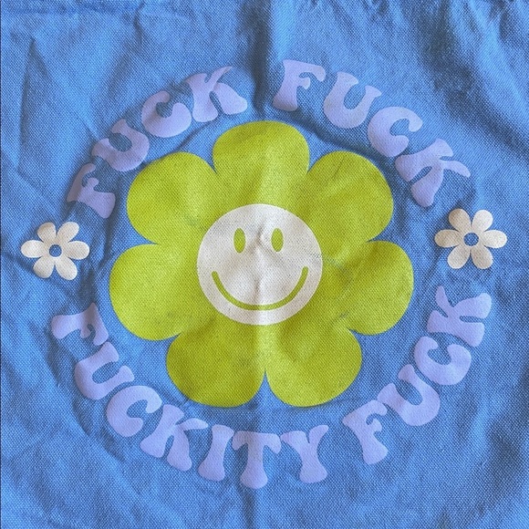 Thinking Out Of Turn Blue Mini Tote Bag with Smiley Flower Design Quote - Picture 8 of 8